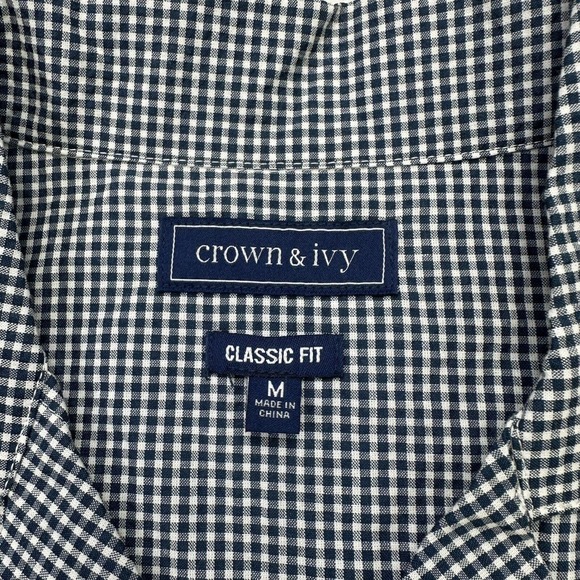 Crown & Ivy Shirt Mens Medium M Blue White Plaid Button Up Short Sleeve Classic - Picture 9 of 12